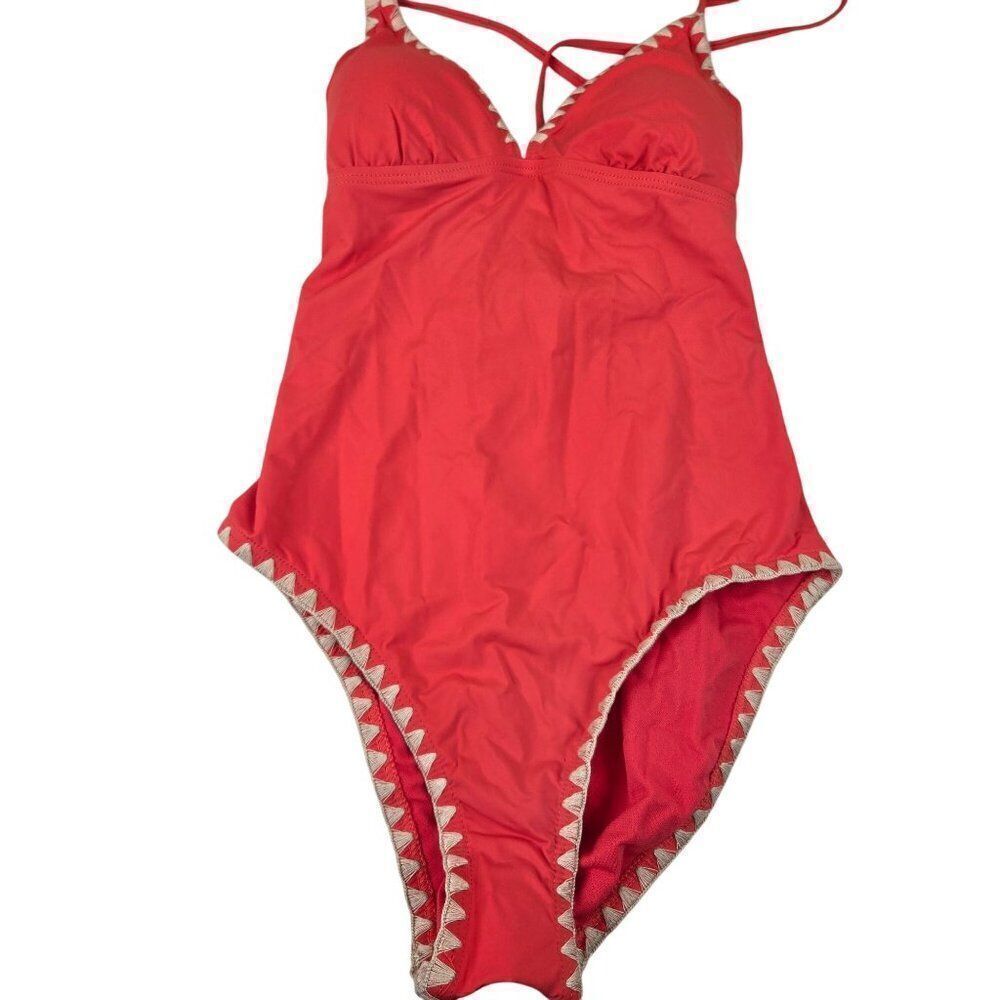 Lucky Brand One Piece Swimsuit Crisscross Back Coral Orange Womens Size Small